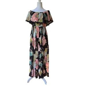 Beulah Style Black Floral Off Shoulder Full Length Maxi Dress Size M/L